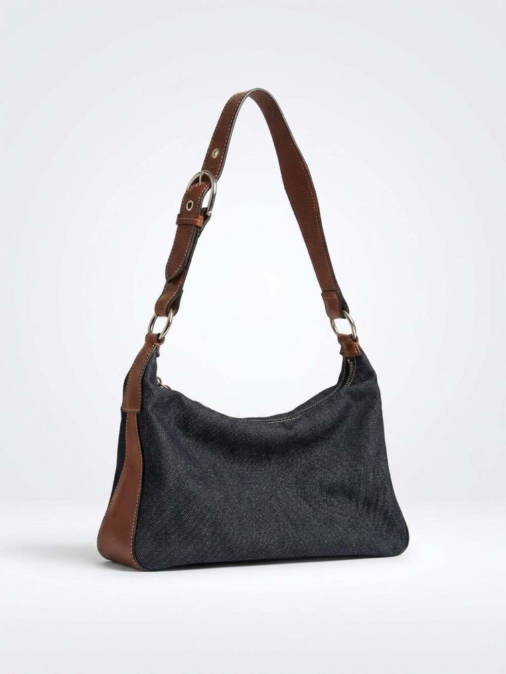 Vintage Brown Leather Dark Wash BlueDenim Hobo Boho Shoulder Bag Purse 90s Y2K